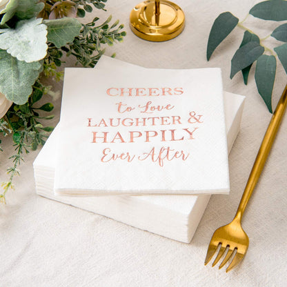 3-Ply 100 Pcs Bridal Shower Napkins Disposable Cocktail Napkins Rose Gold Foil Text Beverage Napkins for Engagement Party Decorations & Wedding Shower