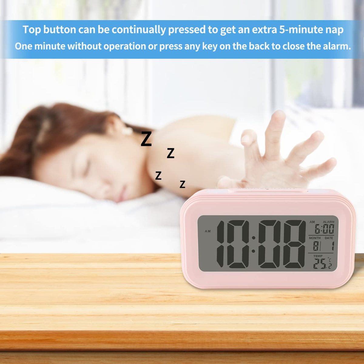 Digital Alarm Clock with Indoor Temperature, Large LED Display, 12/24H, Snooze Mode, Battery Operated Bedside Clock for Bedroom, Heavy Sleepers & Kids