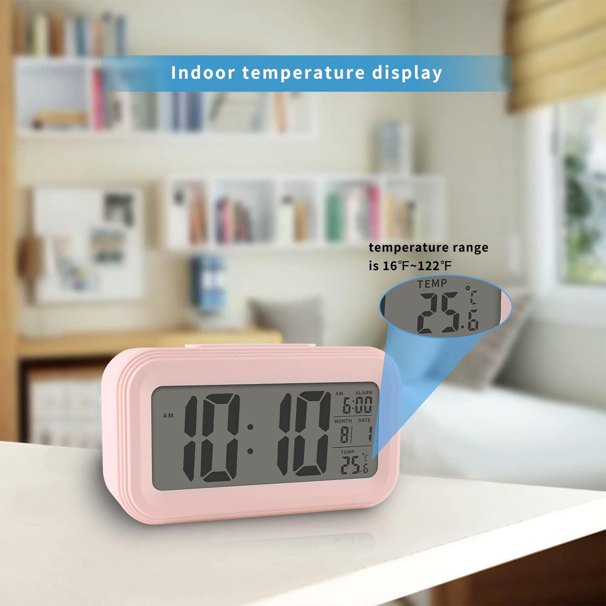 Digital Alarm Clock with Indoor Temperature, Large LED Display, 12/24H, Snooze Mode, Battery Operated Bedside Clock for Bedroom, Heavy Sleepers & Kids