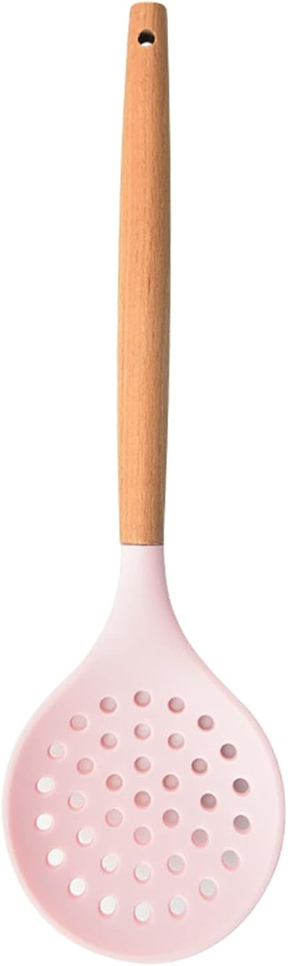 Non-Stick Silicone Kitchen Utensils,Cooking Strainer Wooden Handle Colander Spoon Skimmer Strainer BPA Free for Baking & Serving Pink 12.68" x 3.78"