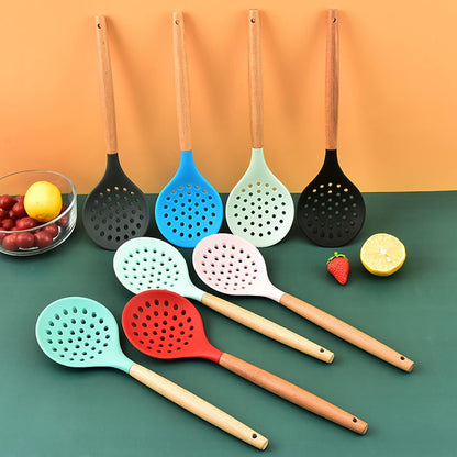 Non-Stick Silicone Kitchen Utensils,Cooking Strainer Wooden Handle Colander Spoon Skimmer Strainer BPA Free for Baking & Serving Pink 12.68" x 3.78"