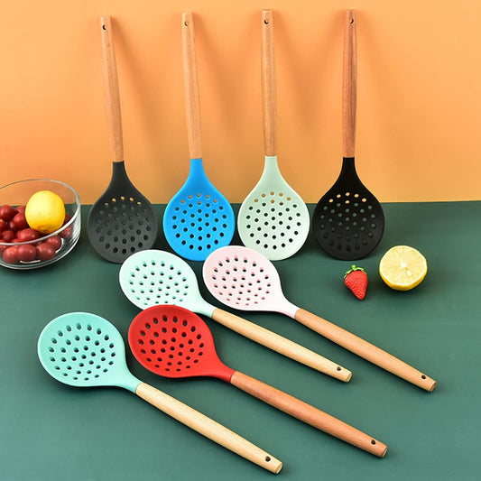 Non-Stick Silicone Kitchen Utensils,Cooking Strainer Wooden Handle Colander Spoon Skimmer Strainer BPA Free for Baking & Serving Pink 12.68" x 3.78"