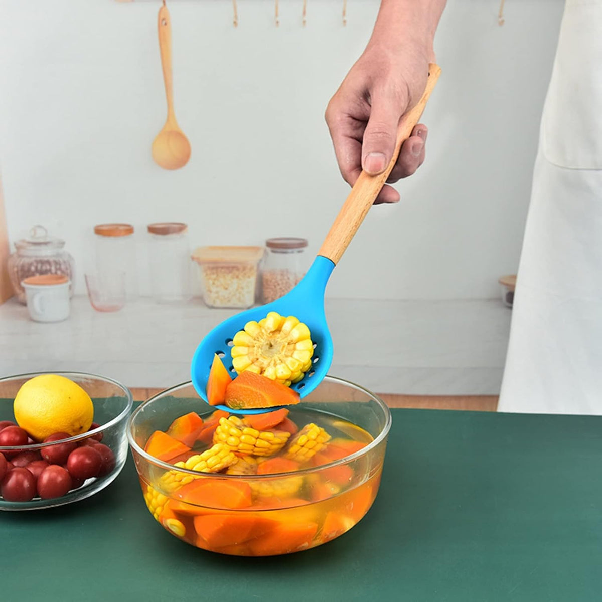 Non-Stick Silicone Kitchen Utensils,Cooking Strainer Wooden Handle Colander Spoon Skimmer Strainer BPA Free for Baking & Serving Pink 12.68" x 3.78"