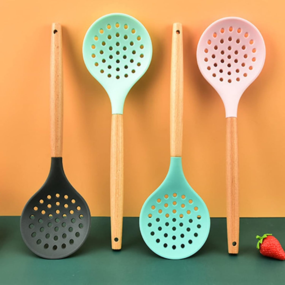 Non-Stick Silicone Kitchen Utensils,Cooking Strainer Wooden Handle Colander Spoon Skimmer Strainer BPA Free for Baking & Serving Pink 12.68" x 3.78"