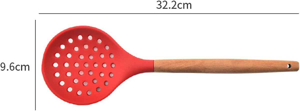 Non-Stick Silicone Kitchen Utensils,Cooking Strainer Wooden Handle Colander Spoon Skimmer Strainer BPA Free for Baking & Serving Pink 12.68" x 3.78"