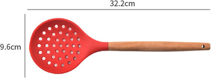Non-Stick Silicone Kitchen Utensils,Cooking Strainer Wooden Handle Colander Spoon Skimmer Strainer BPA Free for Baking & Serving Pink 12.68" x 3.78"