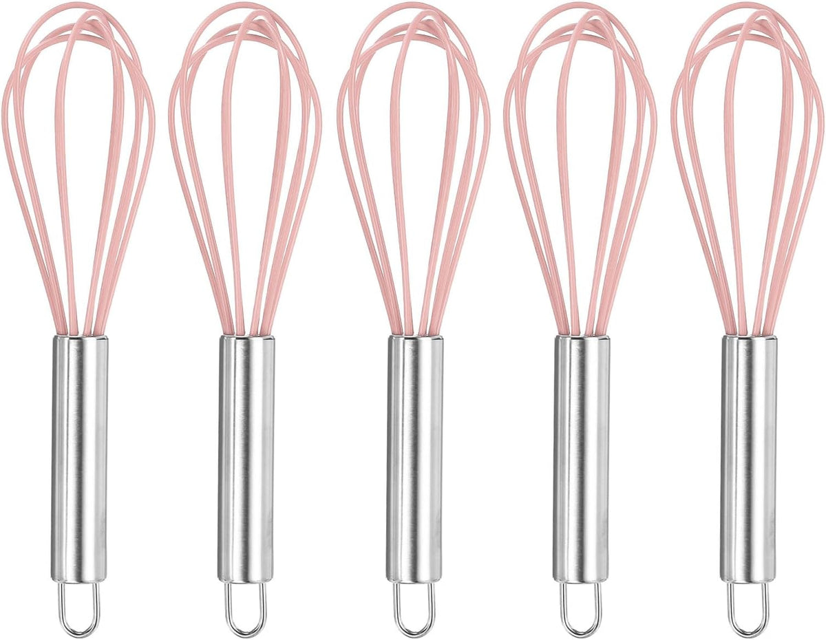 5Pcs Silicone Whisk 8" Kitchen Whisk Wire Whisks Beater with Stainless Steel Handle for Egg Milk Whisking Blending Beating & Stirring, Pink