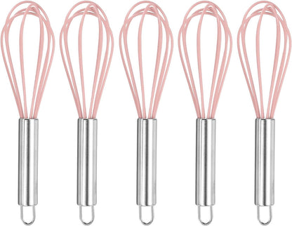 5Pcs Silicone Whisk 8" Kitchen Whisk Wire Whisks Beater with Stainless Steel Handle for Egg Milk Whisking Blending Beating & Stirring, Pink