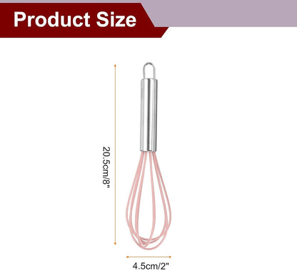 5Pcs Silicone Whisk 8" Kitchen Whisk Wire Whisks Beater with Stainless Steel Handle for Egg Milk Whisking Blending Beating & Stirring, Pink