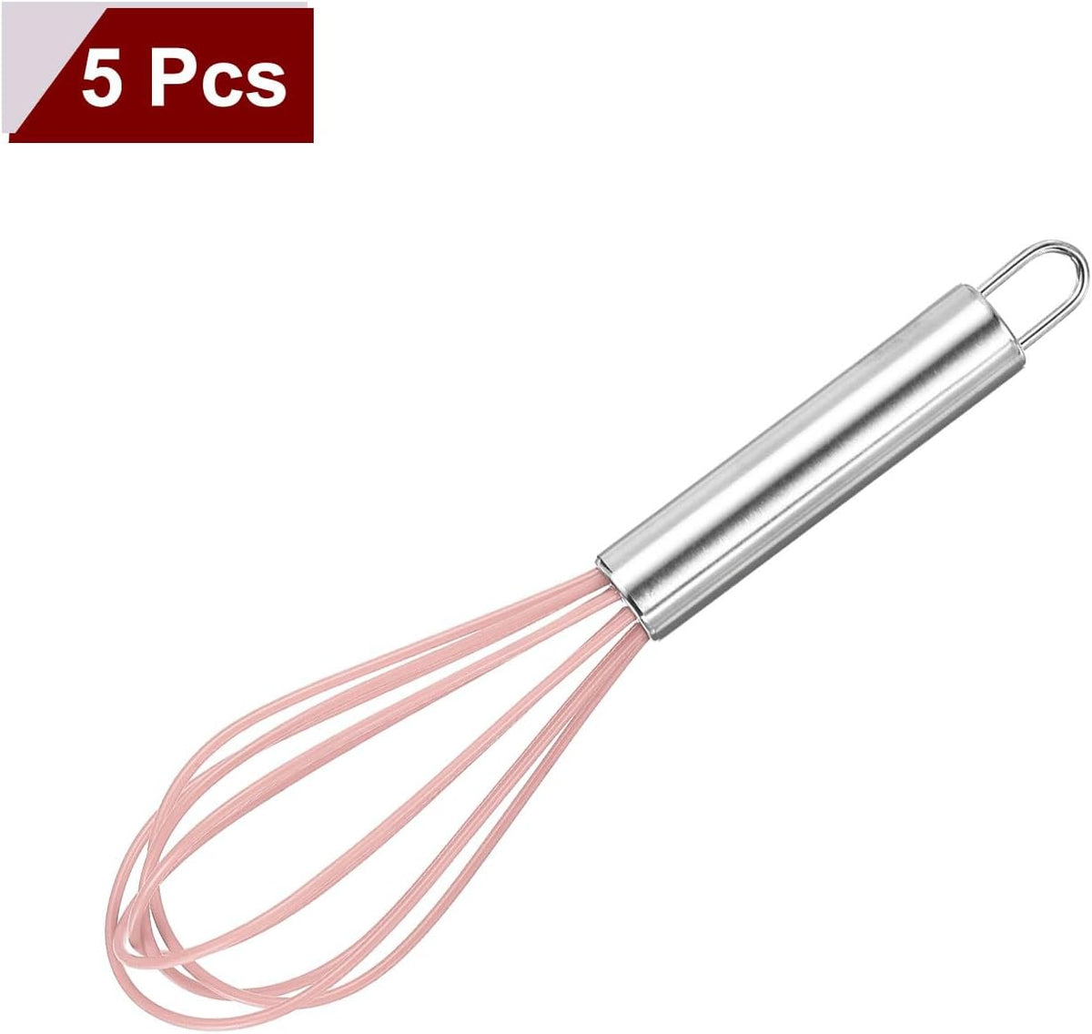 5Pcs Silicone Whisk 8" Kitchen Whisk Wire Whisks Beater with Stainless Steel Handle for Egg Milk Whisking Blending Beating & Stirring, Pink