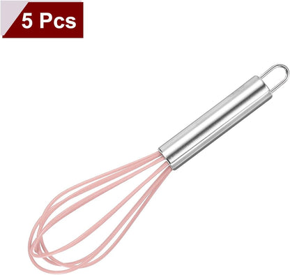 5Pcs Silicone Whisk 8" Kitchen Whisk Wire Whisks Beater with Stainless Steel Handle for Egg Milk Whisking Blending Beating & Stirring, Pink