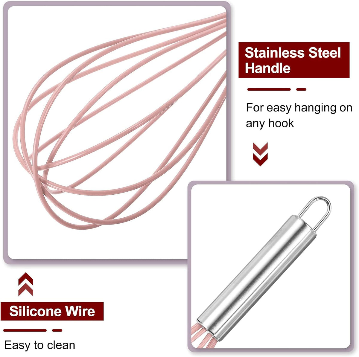 5Pcs Silicone Whisk 8" Kitchen Whisk Wire Whisks Beater with Stainless Steel Handle for Egg Milk Whisking Blending Beating & Stirring, Pink