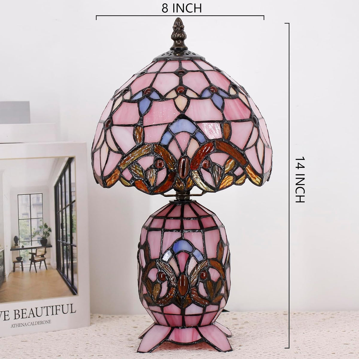 Small Tiffany Stained Glass Table Lamp 8X14 Inches(Pink Baroque)
