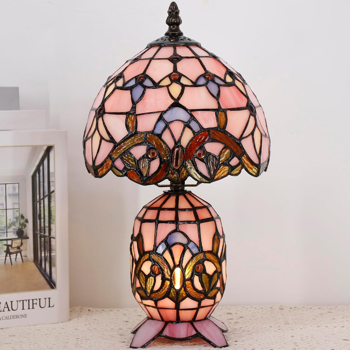 Small Tiffany Stained Glass Table Lamp 8X14 Inches(Pink Baroque)