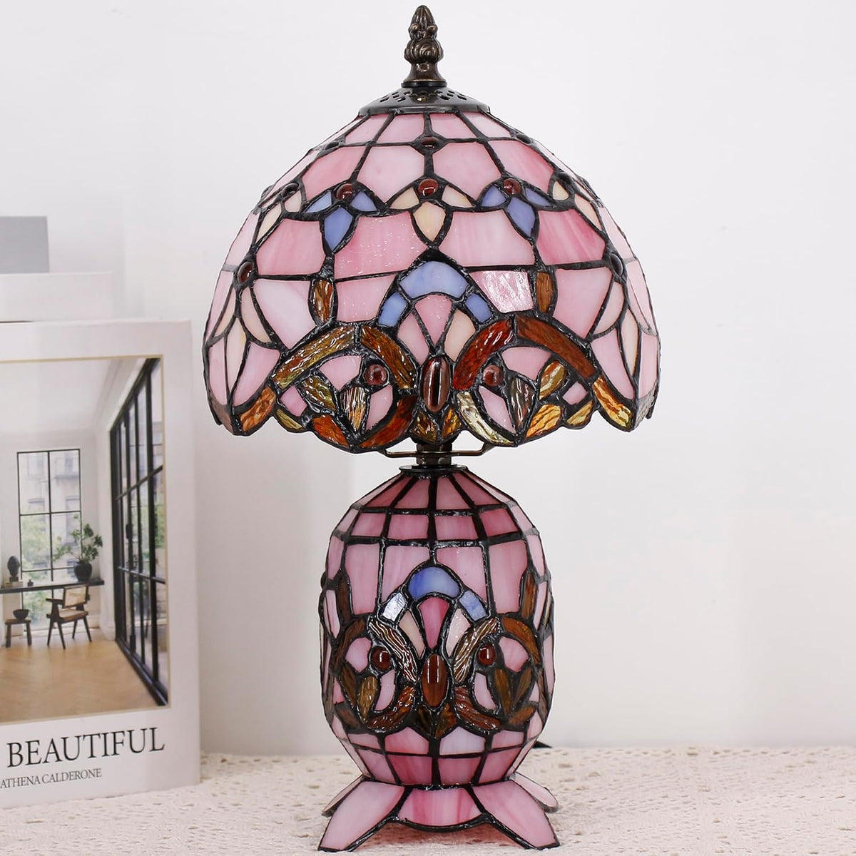 Small Tiffany Stained Glass Table Lamp 8X14 Inches(Pink Baroque)
