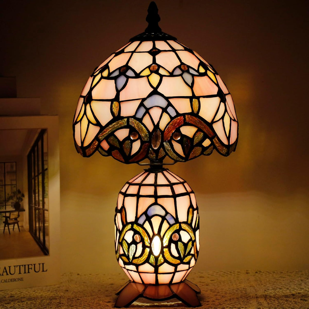 Small Tiffany Stained Glass Table Lamp 8X14 Inches(Pink Baroque)