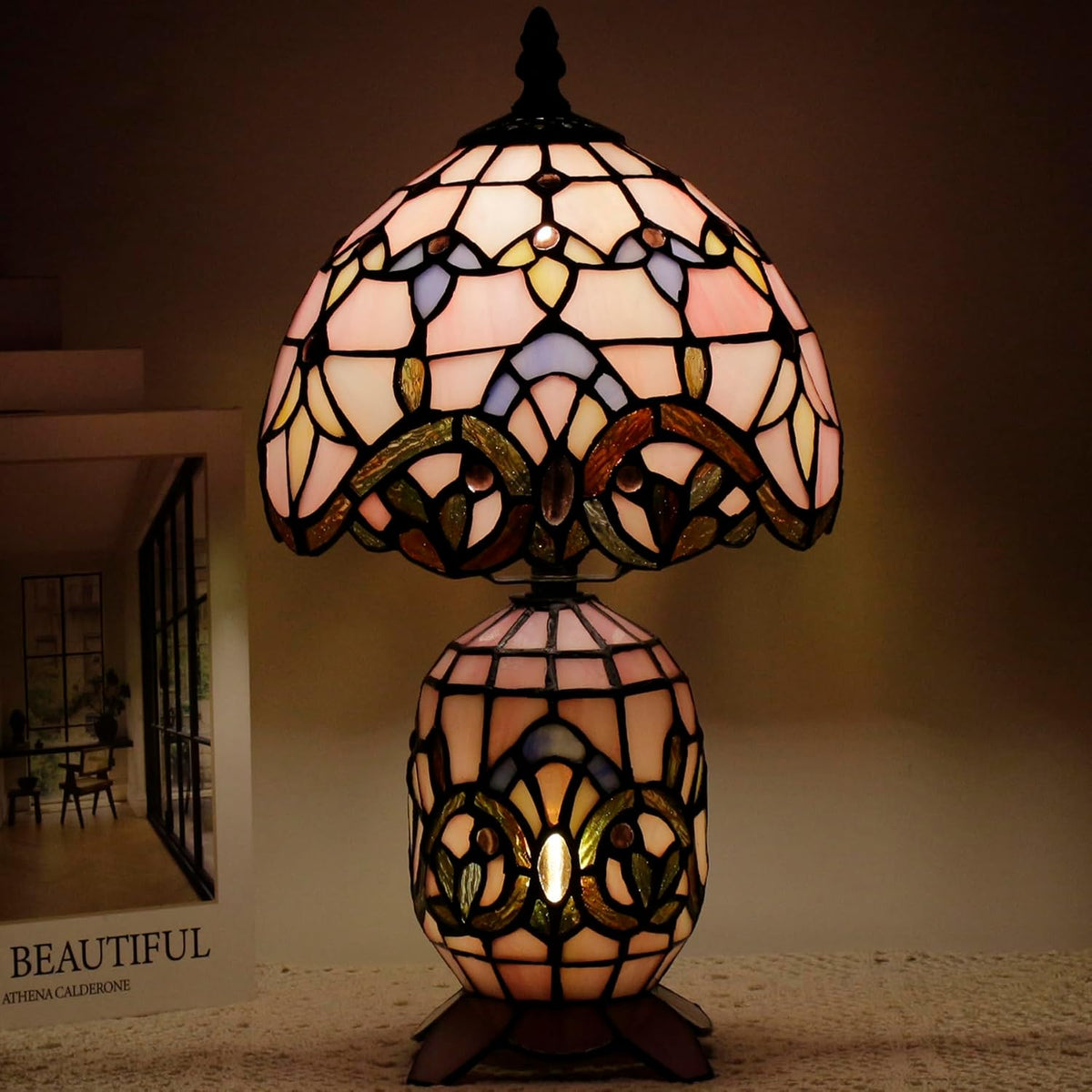 Small Tiffany Stained Glass Table Lamp 8X14 Inches(Pink Baroque)