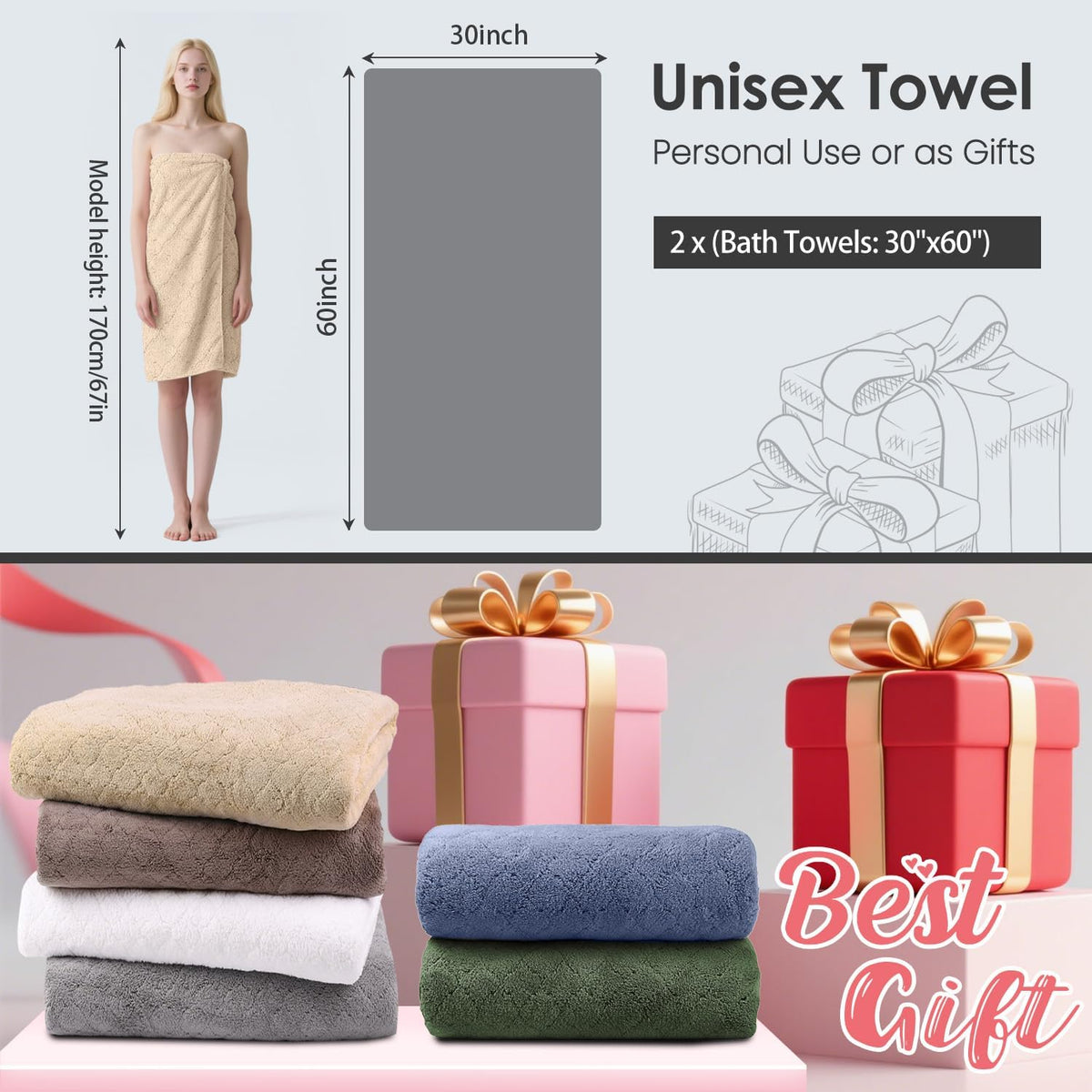 Microfiber Bath Towels, Coral Fleece - Camel, 30 in x 60 in