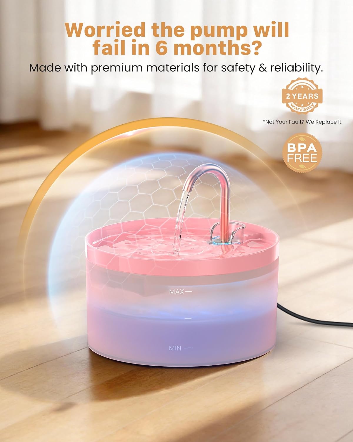 Cat Water Fountain Pink for Drinking: 67oz/2L Cat Fountain