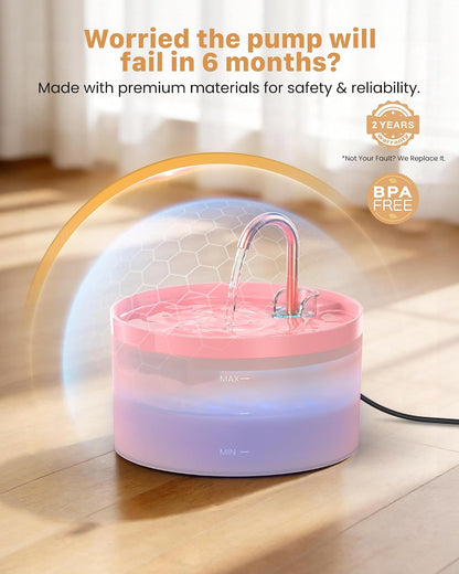 Cat Water Fountain Pink for Drinking: 67oz/2L Cat Fountain