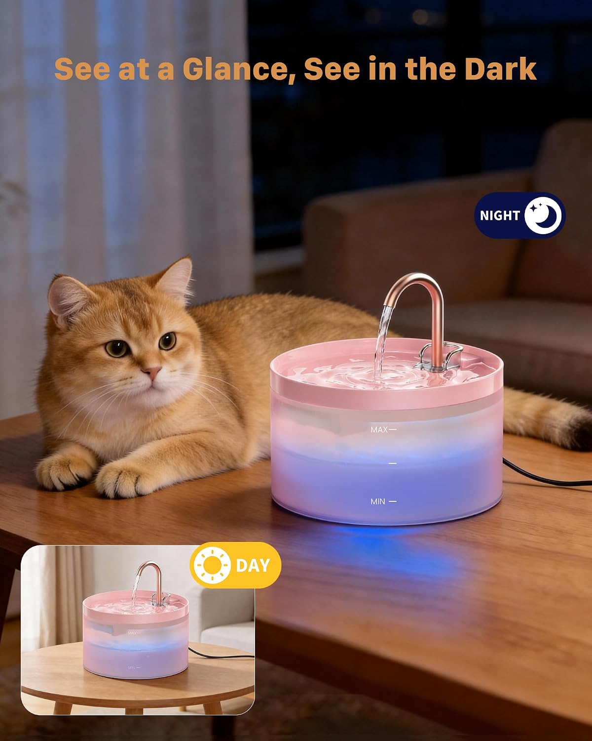 Cat Water Fountain Pink for Drinking: 67oz/2L Cat Fountain