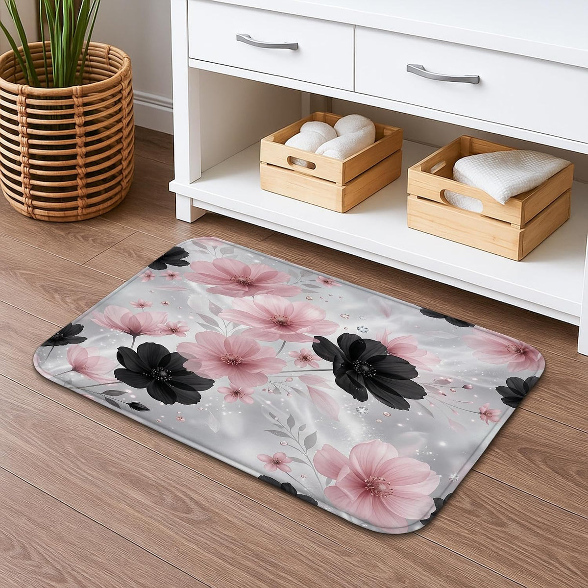 Elegant Floral Quick Dry Bath Mat, Peach and Black Flower Design Absorbent Non Slip Shower Mat, All Season Washable Bath Rugs for Bathroom Toilet Restroom Decorative 20x32 Inch