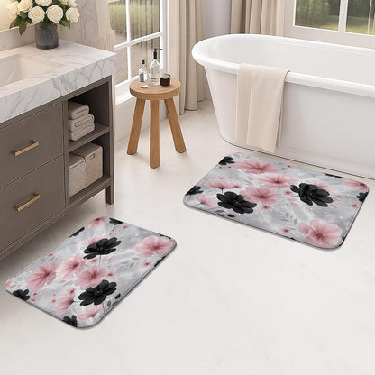 Elegant Floral Quick Dry Bath Mat, Peach and Black Flower Design Absorbent Non Slip Shower Mat, All Season Washable Bath Rugs for Bathroom Toilet Restroom Decorative 20x32 Inch