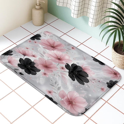 Elegant Floral Quick Dry Bath Mat, Peach and Black Flower Design Absorbent Non Slip Shower Mat, All Season Washable Bath Rugs for Bathroom Toilet Restroom Decorative 20x32 Inch