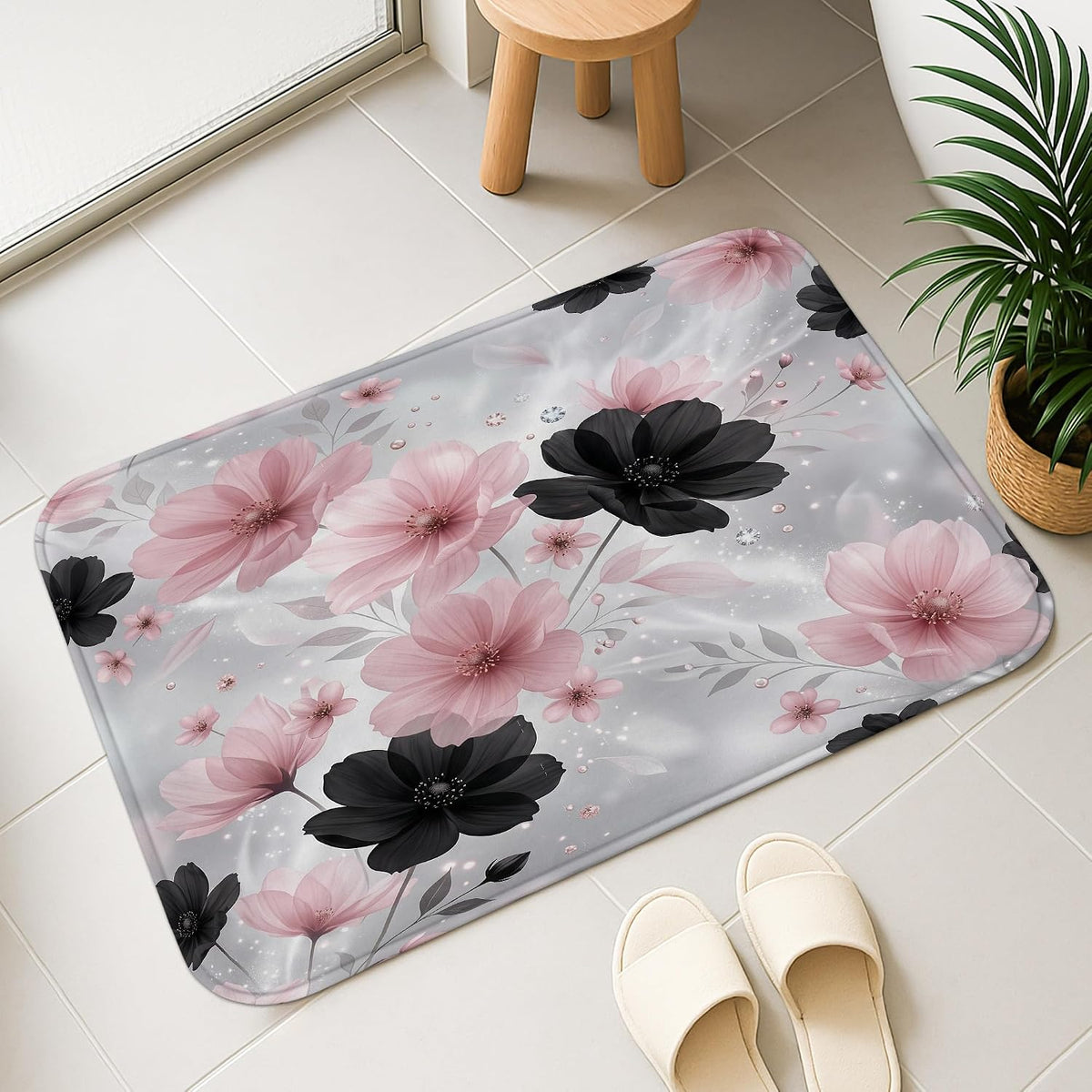 Elegant Floral Quick Dry Bath Mat, Peach and Black Flower Design Absorbent Non Slip Shower Mat, All Season Washable Bath Rugs for Bathroom Toilet Restroom Decorative 20x32 Inch