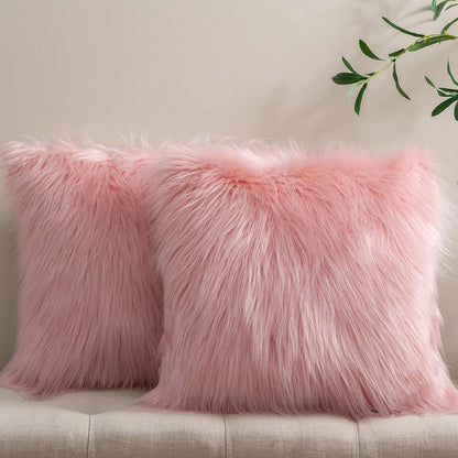Pack of 2 Christmas Faux Fur Throw Pillow Covers Cushion Covers Luxury Soft Decorative Pillowcase Fuzzy Pillow Covers for Bed/Couch, Pink 18 x 18 Inches