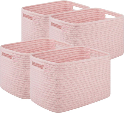 4Packs Natural Cotton Rope Storage Baskets for Organizing Toys, Clothes, Towels & Books, Soft Versatile Organizers for Shelves, Home Decorative Bins, 13''Lx9''Wx7.8''H, Pink