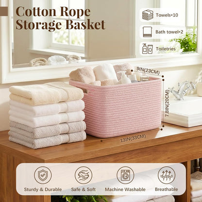 4Packs Natural Cotton Rope Storage Baskets for Organizing Toys, Clothes, Towels & Books, Soft Versatile Organizers for Shelves, Home Decorative Bins, 13''Lx9''Wx7.8''H, Pink
