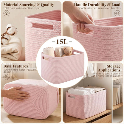 4Packs Natural Cotton Rope Storage Baskets for Organizing Toys, Clothes, Towels & Books, Soft Versatile Organizers for Shelves, Home Decorative Bins, 13''Lx9''Wx7.8''H, Pink