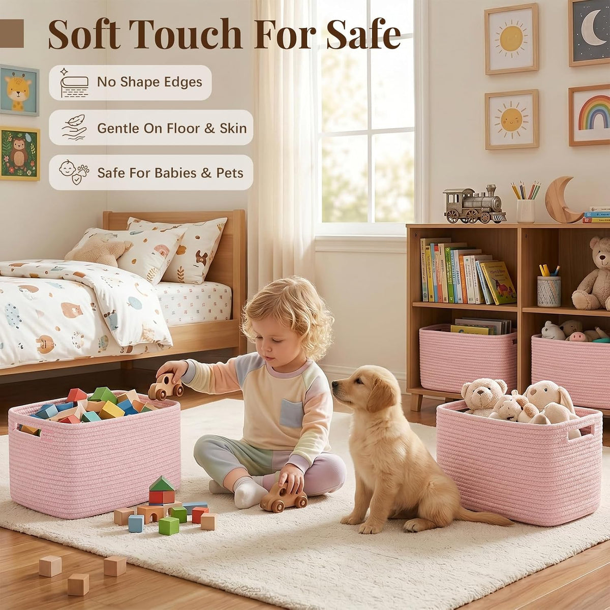4Packs Natural Cotton Rope Storage Baskets for Organizing Toys, Clothes, Towels & Books, Soft Versatile Organizers for Shelves, Home Decorative Bins, 13''Lx9''Wx7.8''H, Pink