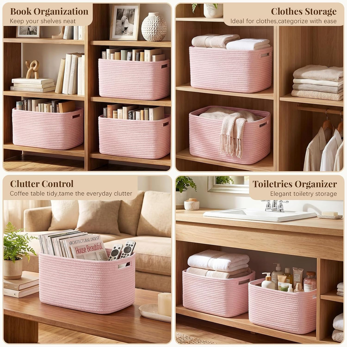 4Packs Natural Cotton Rope Storage Baskets for Organizing Toys, Clothes, Towels & Books, Soft Versatile Organizers for Shelves, Home Decorative Bins, 13''Lx9''Wx7.8''H, Pink
