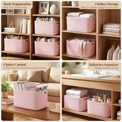 4Packs Natural Cotton Rope Storage Baskets for Organizing Toys, Clothes, Towels & Books, Soft Versatile Organizers for Shelves, Home Decorative Bins, 13''Lx9''Wx7.8''H, Pink