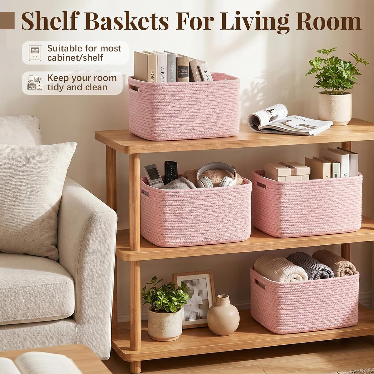 4Packs Natural Cotton Rope Storage Baskets for Organizing Toys, Clothes, Towels & Books, Soft Versatile Organizers for Shelves, Home Decorative Bins, 13''Lx9''Wx7.8''H, Pink