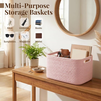4Packs Natural Cotton Rope Storage Baskets for Organizing Toys, Clothes, Towels & Books, Soft Versatile Organizers for Shelves, Home Decorative Bins, 13''Lx9''Wx7.8''H, Pink