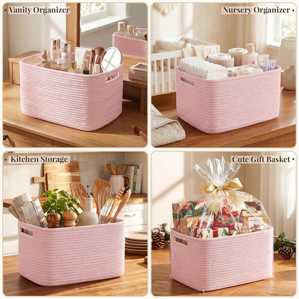 4Packs Natural Cotton Rope Storage Baskets for Organizing Toys, Clothes, Towels & Books, Soft Versatile Organizers for Shelves, Home Decorative Bins, 13''Lx9''Wx7.8''H, Pink