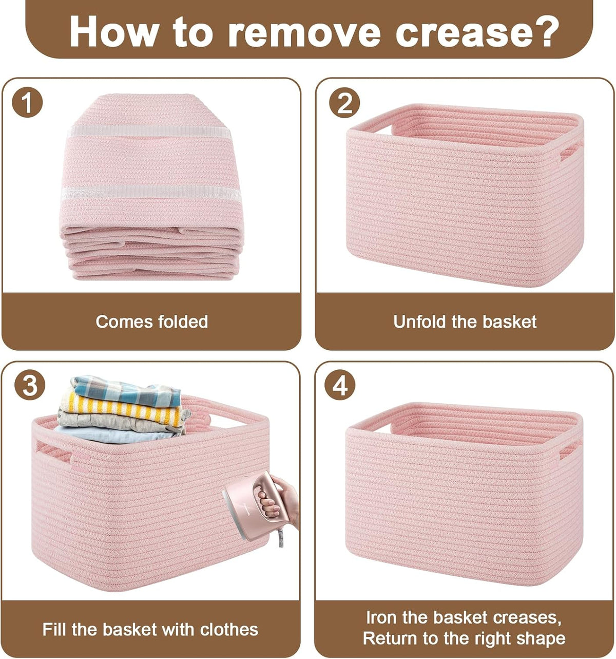 4Packs Natural Cotton Rope Storage Baskets for Organizing Toys, Clothes, Towels & Books, Soft Versatile Organizers for Shelves, Home Decorative Bins, 13''Lx9''Wx7.8''H, Pink
