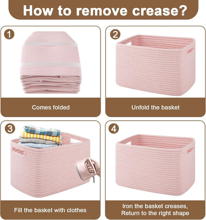4Packs Natural Cotton Rope Storage Baskets for Organizing Toys, Clothes, Towels & Books, Soft Versatile Organizers for Shelves, Home Decorative Bins, 13''Lx9''Wx7.8''H, Pink