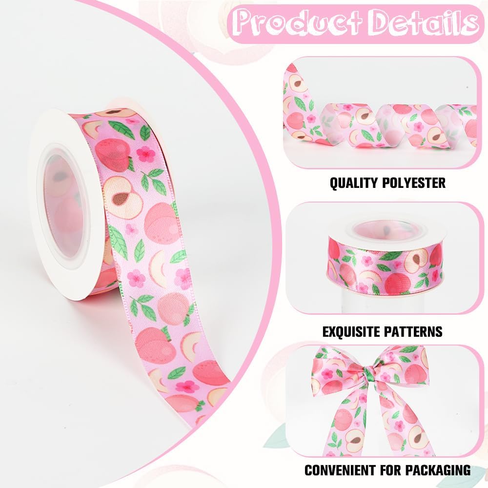 Peach Ribbon 5 Yards 1 Inch Pink Printed Satin Hair Bow Making Fruit Food