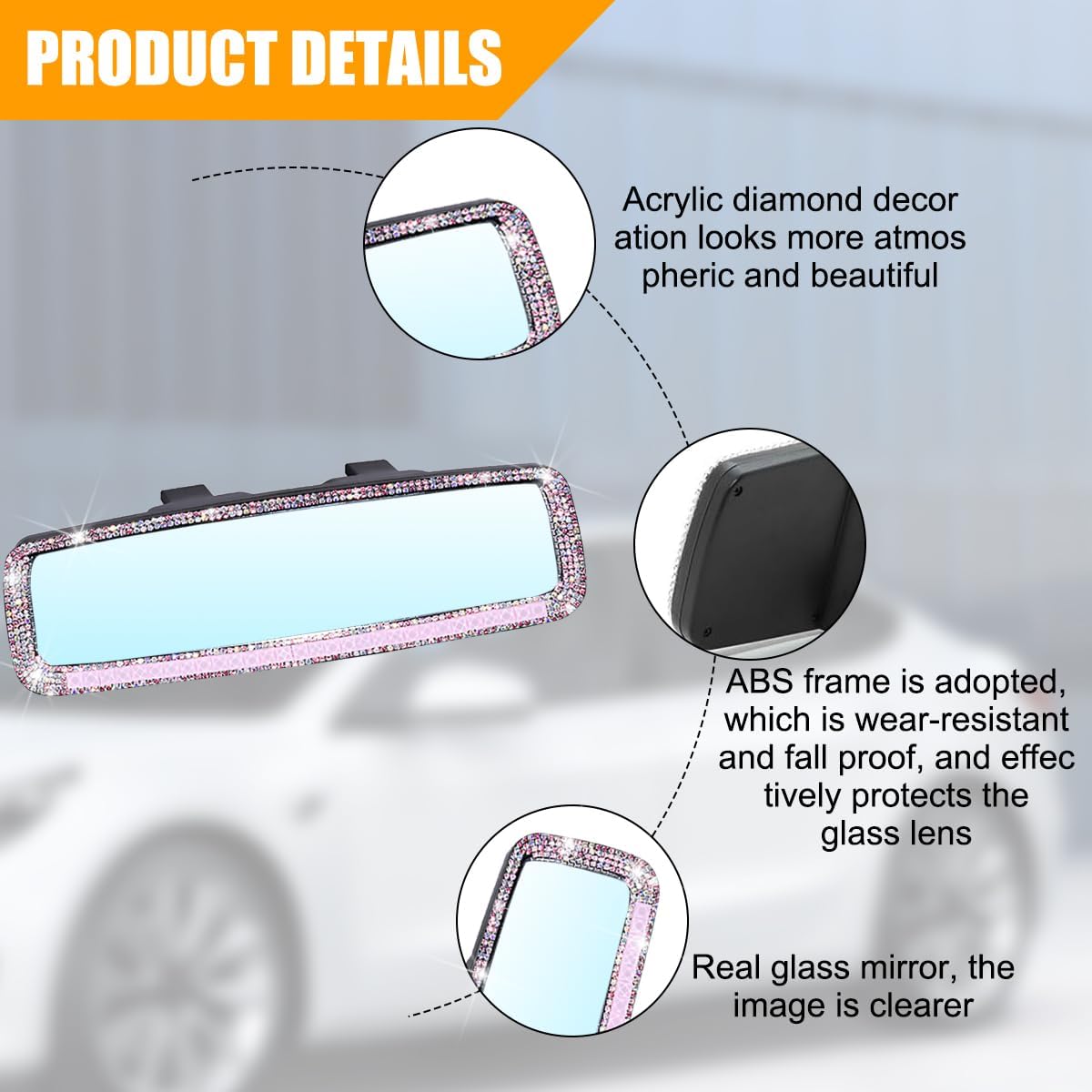 Rhinestone Clip-On Car Rearview Mirror, Pink