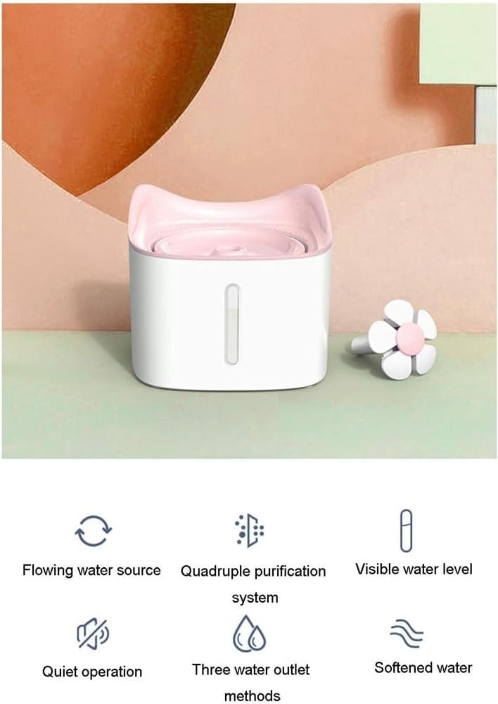 1.8L Automatic Cat Water Fountain w/Led Night Light and Water Level Window Ultra-Quiet Cat Fountain Flower Style Pet Drinking Fountain for Cats and Small Dogs(Pink)