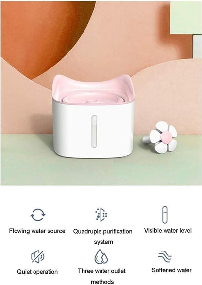 1.8L Automatic Cat Water Fountain w/Led Night Light and Water Level Window Ultra-Quiet Cat Fountain Flower Style Pet Drinking Fountain for Cats and Small Dogs(Pink)