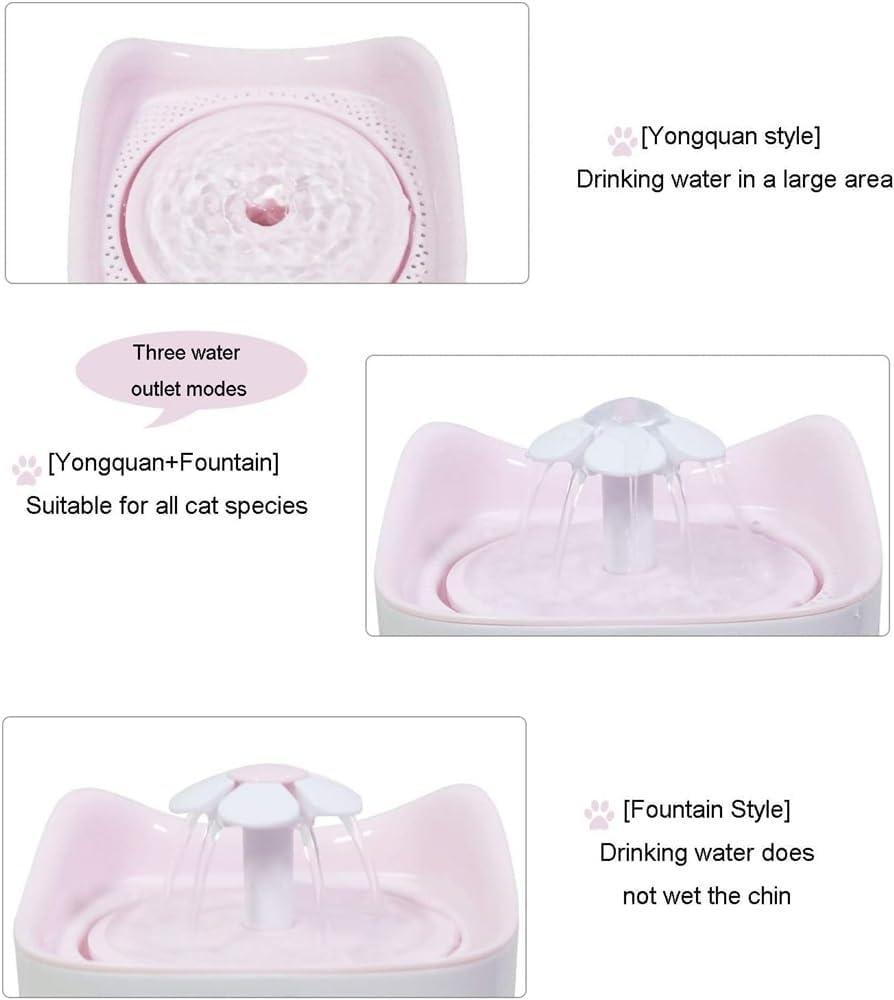 1.8L Automatic Cat Water Fountain w/Led Night Light and Water Level Window Ultra-Quiet Cat Fountain Flower Style Pet Drinking Fountain for Cats and Small Dogs(Pink)
