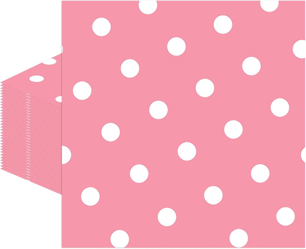 50pcs White Polka Dot Pink Napkins, Disposable 2-Ply Cocktail & Happy Birthday Napkins, Polka Dot Party Decorations for Wedding Baby Shower Birthday Bridal Party