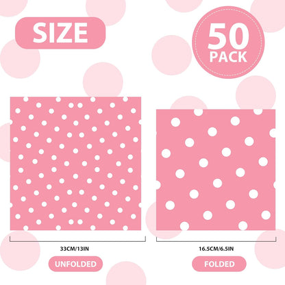 50pcs White Polka Dot Pink Napkins, Disposable 2-Ply Cocktail & Happy Birthday Napkins, Polka Dot Party Decorations for Wedding Baby Shower Birthday Bridal Party