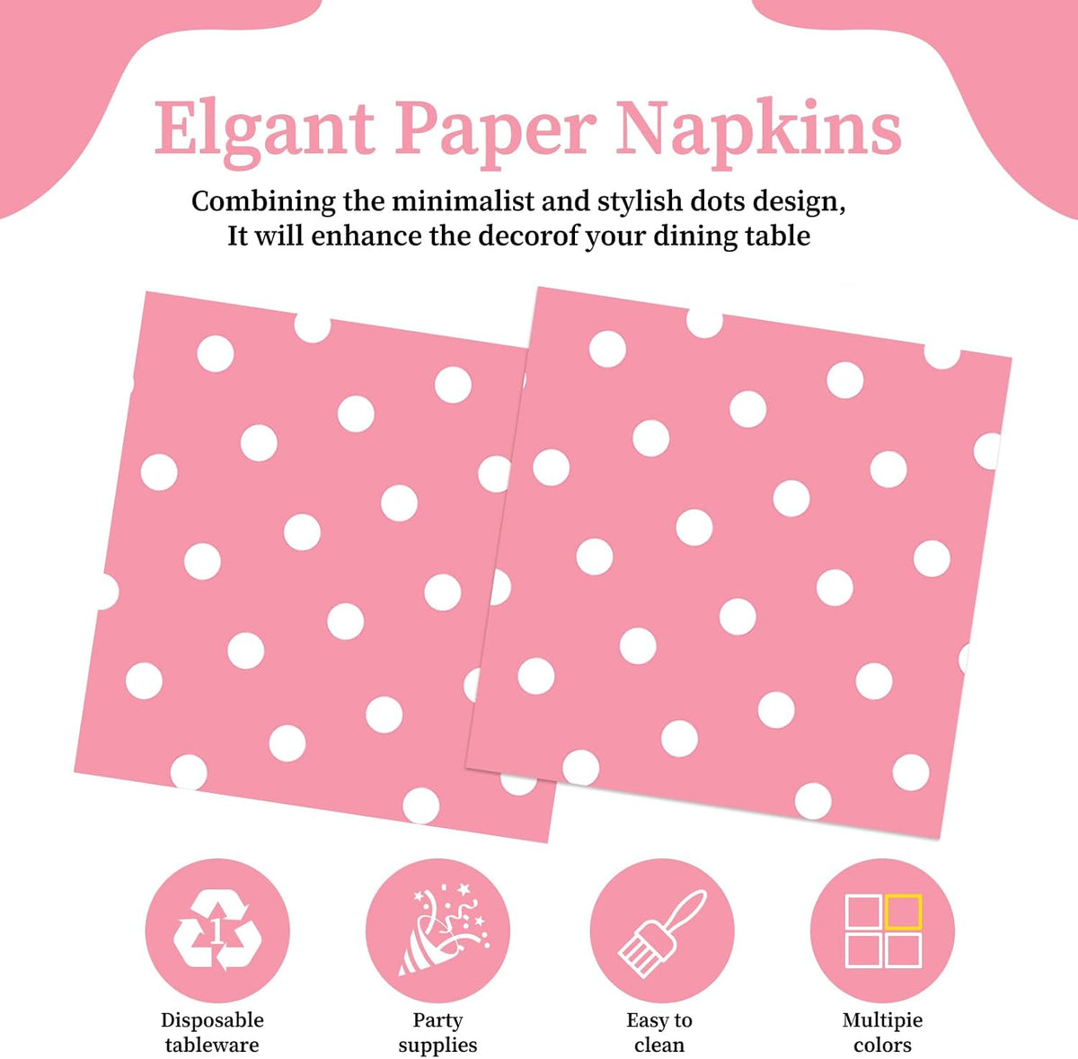 50pcs White Polka Dot Pink Napkins, Disposable 2-Ply Cocktail & Happy Birthday Napkins, Polka Dot Party Decorations for Wedding Baby Shower Birthday Bridal Party