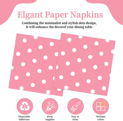50pcs White Polka Dot Pink Napkins, Disposable 2-Ply Cocktail & Happy Birthday Napkins, Polka Dot Party Decorations for Wedding Baby Shower Birthday Bridal Party